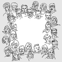 MULTICULTURAL TEAM. Modern multicultural society concept with people. group of people. black and white graphics. Different nationalities, characters, clothes and hairstyles. Copy space