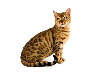 BROWN SPOTTED TABBY BENGAL DOMESTIC CAT, ADULT SITTING AGAINST WHITE BACKGROUND