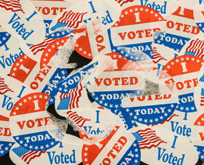 Large number of I Voted stickers and buttons stuck to window with some being removed. Illustrate...