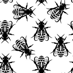Seamless background with bees. Vector monochrome pattern