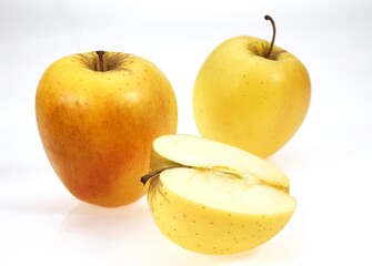 Golden Apples, malus domestica, against White Background