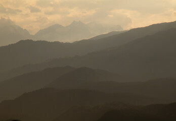 Mountain hill in the fog after a summer thunderstorm