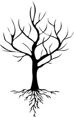 Hand drawn black icon of an isolated tree with roots. The element for decoration, emblems, logo