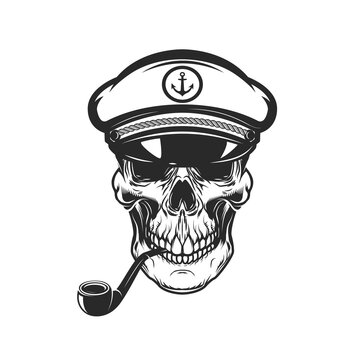 Illustration of bearded skull of sea captain. Design element for logo, emblem, sign, poster, card, banner.