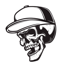 Illustration of skull in baseball cap in engraving style. Design element for logo, emblem, sign, poster, card, banner.