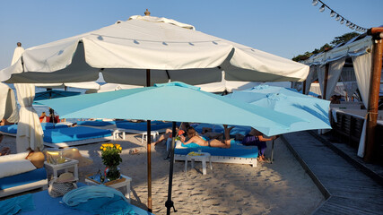 Umbrellas on the beach in Egypt. Summer beach vacation
