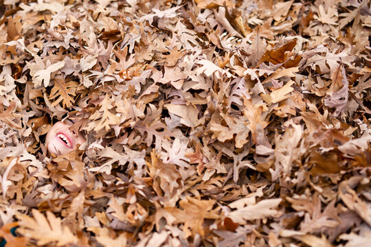 Child's smiling face hiding in autumn leaf pile