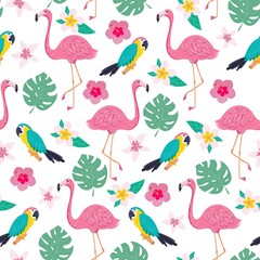 Tropical seamless summer pattern with exotic leaves, flowers, flamingo and parrot. Vector illustration with tropical elements for textile, wallpaper design