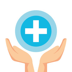 hands holding cross shape inside circle, medical and health concept vector illustration design