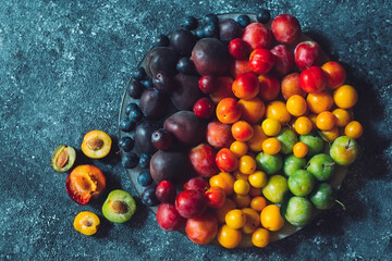 Multicolored plums on a plate are laid out by color.