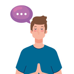 meditating man with speech bubble on white background vector illustration design