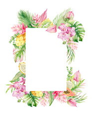 Watercolor frame with Tropical fruits, flowers and palm leaves. Exotic invitation to the wedding.  Dragon fruit, pitaya, banana, coconut.