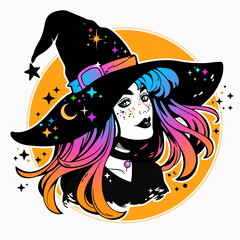beautiful witch in a classic hat and coloured hair