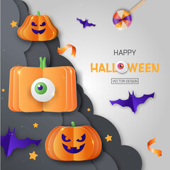 Halloween promotion banner with cutest pumpkins, bats and candy in night clouds