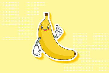SMILING, HAPPY, CHEERFUL Face Emotion. Forefinger Hand Gesture. Banana Fruit Cartoon Drawing Mascot Illustration.