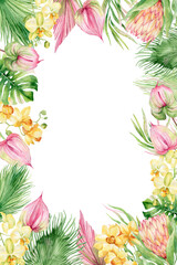 Watercolor frame with Tropical fruits, flowers and palm leaves. Exotic invitation to the wedding.  Dragon fruit, pitaya, banana, coconut.