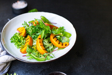 grilled peach salad lettuce leaves mix nectarine ingredient organic eating healthy top view place for text copy space keto or paleo diet raw