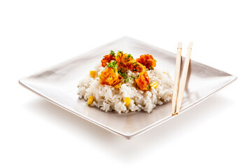Chicken nuggets with rice on white background