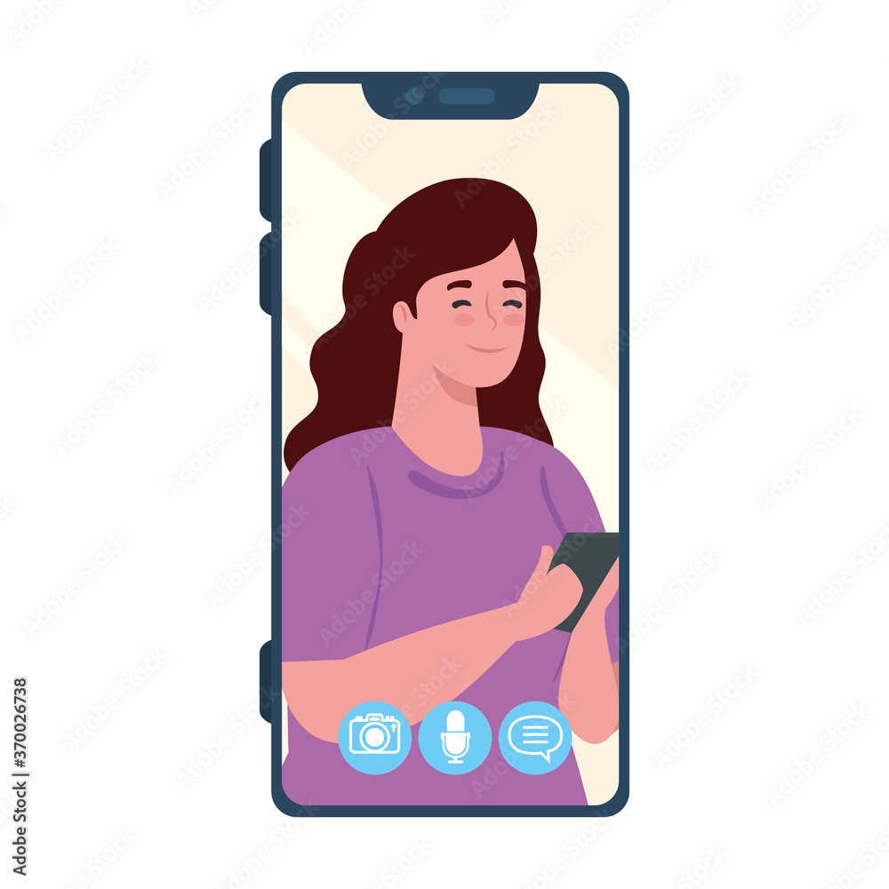 Wall mural smartphone video call on the screen with young woman, social media concept vector illustration design