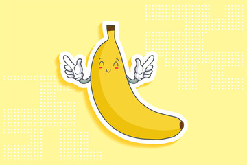 SMILING, HAPPY, RELIEVED, SMILE Face Emotion. Double Forefinger Handgun Gesture. Banana Fruit Cartoon Drawing Mascot Illustration.