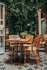 Empty restaurant table for two.