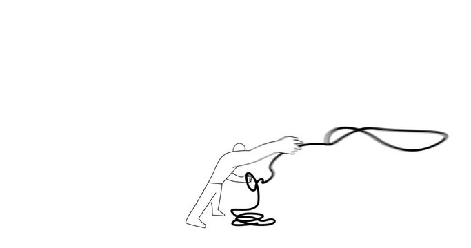 Looping animation of man spinning lasso, transition pulling.