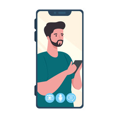 smartphone video call on the screen with young man social media concept vector illustration design