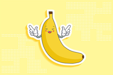 LAUGHING, HAPPY, FUN, CHEERFUL Face Emotion. Double Forefinger Handgun Gesture. Banana Fruit Cartoon Drawing Mascot Illustration.