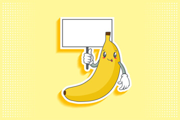 DUMB, FUNNY, TONGUE, CHEERFUL Face Emotion. Holding Whiteboard Handgun Gesture. Banana Fruit Cartoon Drawing Mascot Illustration.