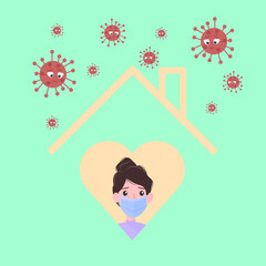 Stay home. Girl sitting at home in a medical mask. Coronavirus