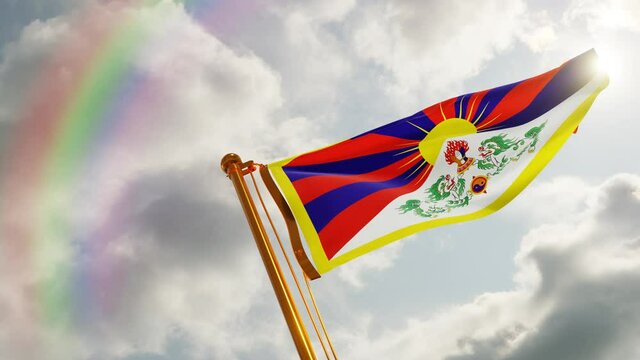Flag of Tibet Waving in the wind, Cloudy and Rainbow Background, Slow Motion, Realistic Animation, 4K UHD 60 FPS Slow-Motion
