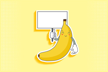 SMILING, HAPPY, RELIEVED, SMILE Face Emotion. Holding Whiteboard Handgun Gesture. Banana Fruit Cartoon Drawing Mascot Illustration.