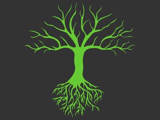 Hand drawn green icon of an isolated tree with roots. Element for decoration, emblems, logo