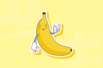 YUM, TONGUE, CHEERFUL Face Emotion. Forefinger Handgun Gesture. Banana Fruit Cartoon Drawing Mascot Illustration.