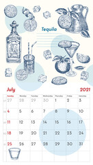 2021 Page of wall vintage calendar planner. July month. Week starts on Sunday Alcohol bar theme. Organic tequila cocktails Retro poster Place to write recipe Sketch engraving style vector illustration