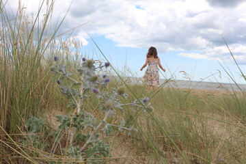 Little girl going down the hill in Great Yarmouth, Sea beach wild flowers on sands hills over the sea with a cloudy and blue summer sky, Norfolk, United Kingdom, English North 