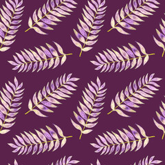 Palm tree soft leaves, hand painted watercolor illustration seamless pattern design on purple background