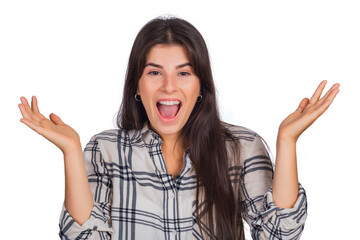 Young beautiful woman with shocked expression.