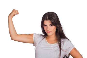 Portrait of young woman doing strong gesture.