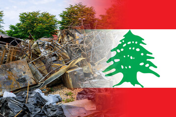 Destroyed properties in neighborhood after an explosion shook on National flag of Lebanon - obrazy, fototapety, plakaty
