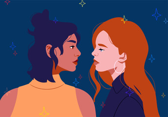 Lesbian couple. Portrait of two beautiful girls in an intimate evening abstraction. Homosexual romantic partners are flirting. LGBTQ+ relationships, passion, love concept. Flat design illustration.