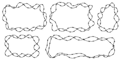 Twisted barbed wire silhouettes set in rounded and square shapes. Vector illustration of steel black wire barb fence frames. Concept of protection, danger or security