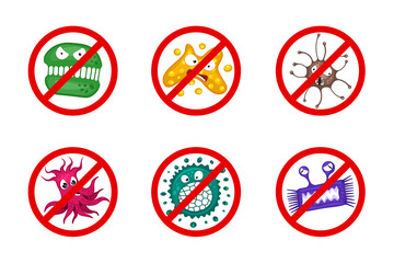 Stop spread virus symbol set. Cartoon germ characters isolated vector eps illustration on white background. Cute fly bacteria infection danger character. Microbe viruses and diseases protection