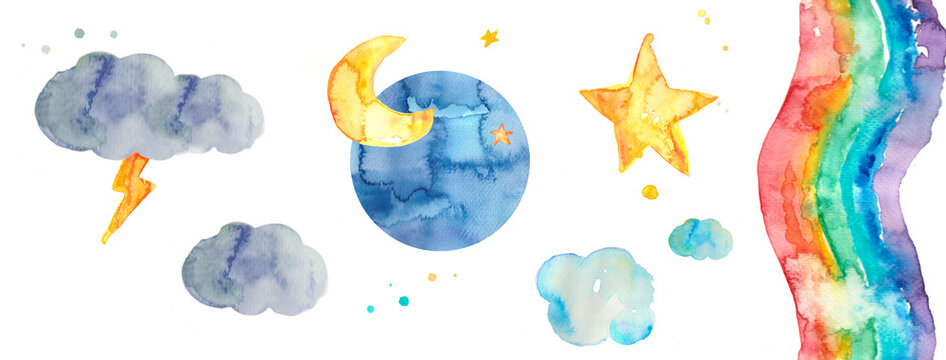 Weather set icons watercolor, moon star rainbow and cloud