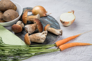 White forest mushrooms on a light background. Cooking organic mushrooms. The summer harvest. Horizontal position