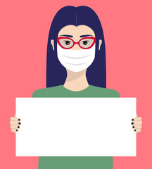 Teenager girl with blue hair wears a face mask and holds a blank sign cartoon vector illustration