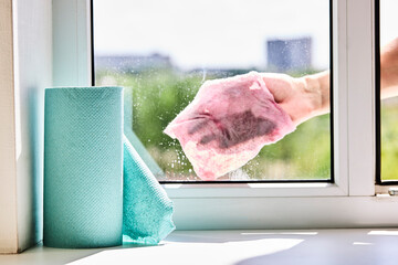 cleaning or washing dirty domestic window with a chemical spray. housework cleanup concept.