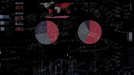 Financial data processing against mathematical equations on black background - Powered by Adobe