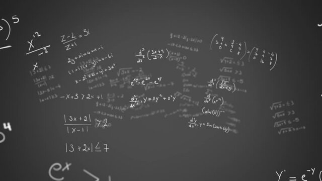 Mathematical equations moving against black background