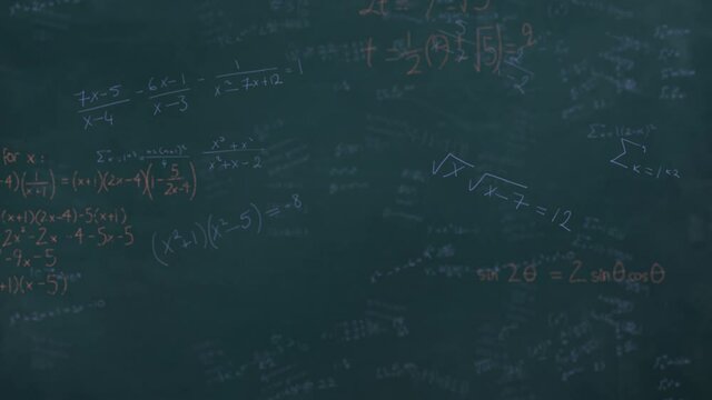 Mathematical equations moving against black board